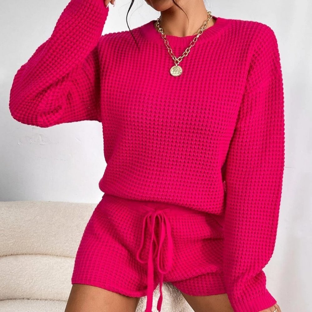 Pink Sweater & Drawstring Waist Knit Shorts - Picture 4 of 5